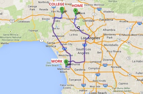 Nearly 2 years of 3hr round-trip from Home to Work (9a-5p) to School (7p-10:30p) back to Home.